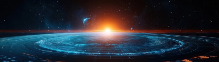 Poster - Futuristic Space Station Illuminated by Bright Orange Light Against a Starry Night Sky Evoking Awe and Wonder in a Sci Fi Cosmic Environment