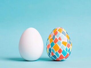 Aufkleber - Elegant White Egg Adorned with Vibrant Colorful Mosaic Pattern Symbolizing Creativity and Artistry in a Contemporary Decorative Style Setting