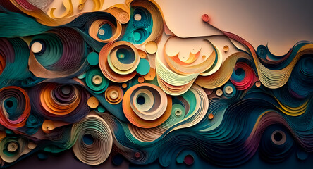 Poster - Abstract art with swirling shapes in vibrant colors. Textured waves create depth and movement, with layered elements forming a dynamic and visually rich design.