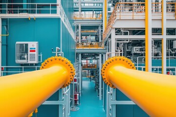 Poster - Large Yellow Pipe within Expansive Industrial Factory Setting Highlighting Machinery and Equipment in Busy Manufacturing Environment with Vibrant Colors