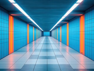 Poster - Vibrant Long Corridor Illuminated by Colorful Lights Creating an Enchanting and Dreamlike Atmosphere for a Unique Visual Experience