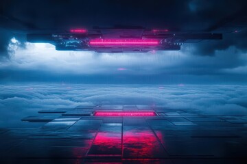 Poster - Futuristic Cityscape Under Dramatic Red Light Illuminating Clouds Creating a Surreal Atmosphere Evoking Mystery and Wonder in a Modern Urban Setting