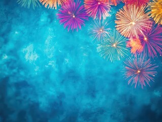 Poster - Vibrant and Colorful Fireworks Bursting Against a Deep Blue Sky Creating a Stunning Visual Display of Light and Energy for Celebratory Events and Festivities