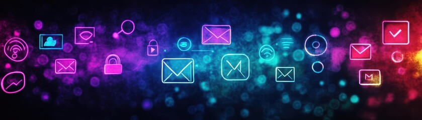 Poster - Vibrant Neon Colored Background with a Variety of Icons Creating a Dynamic and Energetic Visual Experience Perfect for Modern Digital Art and Design