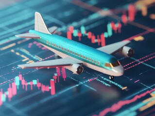 Poster - model airplane displayed on stock chart representing financial trends and aviation industry growth w