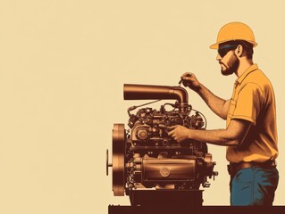 Poster - A focused worker in a bright yellow shirt and blue pants diligently repairs a complex machine in a well-lit industrial workshop environment