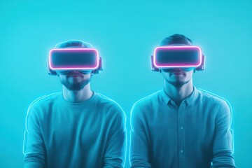 Poster - Two Men Engaged in Virtual Reality Experience Wearing Headsets in a Modern Setting Showcasing Technology and Interactive Entertainment Vibes