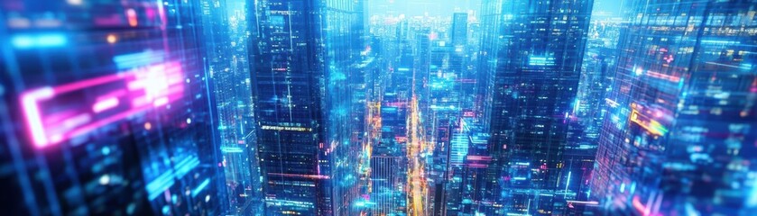 Poster - Futuristic Cityscape at Dusk with Glowing Skyscrapers and Neon Lights Creating a Vibrant and Dynamic Urban Atmosphere Filled with Energy