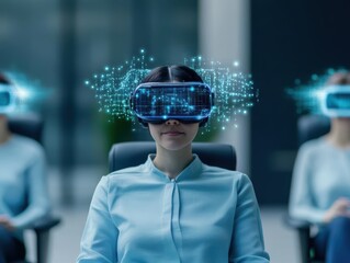 Poster - Woman Wearing Blue Shirt and Glasses Engaged in Virtual Interaction with Technology in Modern Setting Reflecting Contemporary Lifestyle and Connectivity