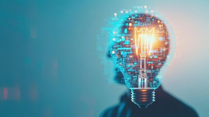 Poster - Man's Head with Illuminated Light Bulb Symbolizing Creative Ideas and Inspiration in a Thoughtful and Reflective Artistic Portrait of Enlightenment