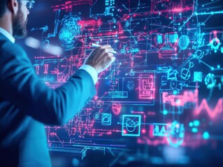 Poster - Professional Man in Formal Suit Engaged in Writing on Digital Screen with Vibrant Blue and Red Background Creating a Dynamic and Modern Atmosphere
