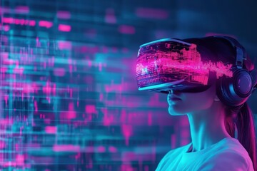 Poster - Woman Engaged in Immersive Virtual Reality Experience in Modern Interior Space Surrounded by Futuristic Technology and Dynamic Visuals Evoking Curiosity