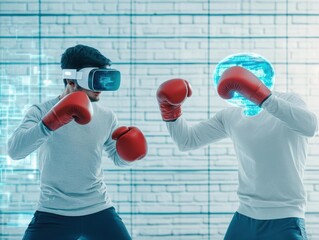 Poster - Two Individuals Engaged in Immersive Virtual Reality Experience Wearing Headsets in a Modern Environment Creating a Sense of Excitement and Innovation