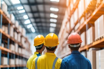 Poster - Two Warehouse Workers Collaborating on Inventory Management in a Spacious Industrial Environment with Shelves Full of Products and Equipment