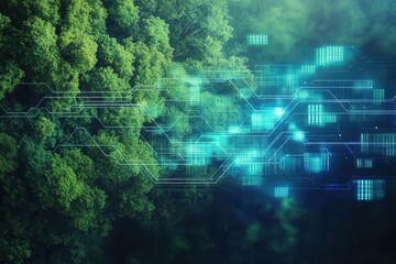 Poster - Futuristic Urban Landscape Featuring Lush Green Trees and Vibrant Lights Under a Starlit Sky Creating a Harmonious Blend of Nature and Technology