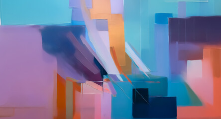 Poster - Abstract artwork features a dynamic composition of overlapping geometric shapes in a vibrant palette of blue, orange, purple, and teal colors. The painting evokes a modern and contemporary feel.