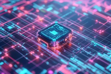Fototapete - Vibrant Computer Chip on Intricate Circuit Board Surrounded by Dynamic Blue and Pink Background Creating a Futuristic and Technological Atmosphere
