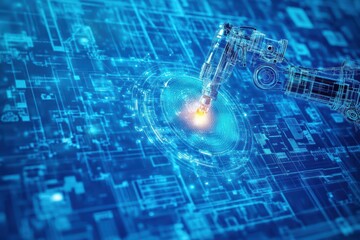Poster - Futuristic Robotic Arm Showcasing Intricate Fingerprint Design Illustrating the Intersection of Technology and Biometrics in a Modern Industrial Setting