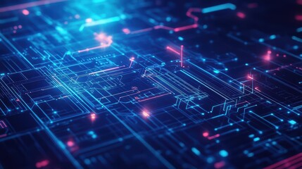 Poster - Intricate Circuit Board Design Illuminated by Vibrant Blue and Red Lights Showcasing High-Tech Innovation and Modern Electronics Aesthetic