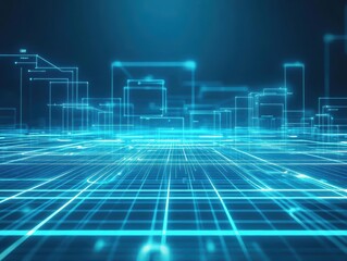 Poster - Futuristic Blue Cityscape with Interconnected Lines and Structures Under a Bright Sky Creating a Dynamic Technological Atmosphere and Urban Vibe