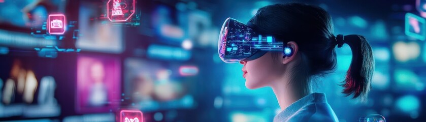 Poster - Woman Engrossed in Virtual Reality Experience Wearing Innovative Virtual Glasses Surrounded by a Modern Tech Environment Evoking Excitement and Curiosity
