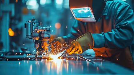Poster - Focused Worker Utilizing Smartphone While Operating Complex Machinery in Industrial Setting Surrounded by Tools and Equipment Conveying Diligence and Precision