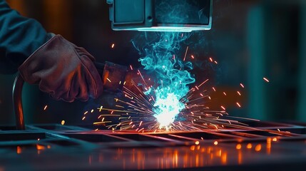 Poster - Dedicated Craftsperson Skillfully Welding Metal with Torch in Industrial Workshop Highlighting Precision Focus and Creative Metalwork Techniques