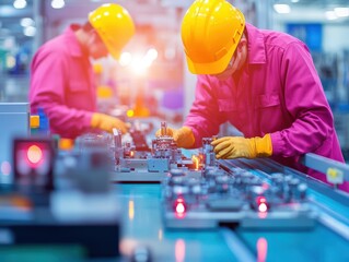 Poster - Dedicated Workers Collaborating on Industrial Machinery in a Busy Factory Environment Showcasing Teamwork and Precision in Manufacturing Processes