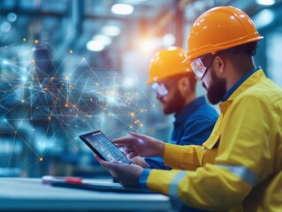 Poster - Focused Workers Collaborating with Digital Tablet in Industrial Factory Environment Showcasing Teamwork and Modern Technology in Manufacturing Setting