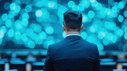 Poster - Professional Man in Business Suit Engaged with Digital Screen in Modern Office Environment Reflecting Serious Focus and Contemporary Work Culture