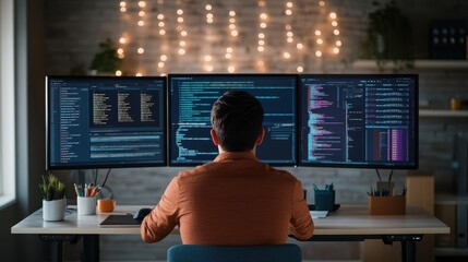 Fototapete - Focused Professional Man Working at His Desk Surrounded by Dual Monitors in a Modern Office Setting Enhancing Productivity and Concentration