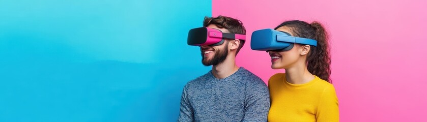 Poster - Two Individuals Engaged in Virtual Reality Experience with Futuristic Headsets Surrounded by a Contemporary Urban Environment Enhancing Immersive Technology