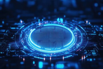 Poster - A captivating circular design with glowing blue elements on a digital circuit background, showcasing modern technology and innovation.
