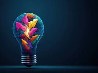 Poster - A colorful light bulb filled with vibrant arrows symbolizes creativity, ideas, and innovation in a modern design.
