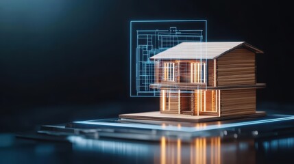 Poster - A digital model of a modern house showcasing architectural design and innovation, illuminated against a dark backdrop.
