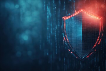 Poster - A digital shield symbolizing cybersecurity, set against a backdrop of glowing data streams, conveying protection and technology.
