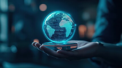 Fototapete - A futuristic holographic globe displayed on a hand, symbolizing technology, connectivity, and global awareness.