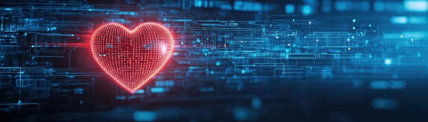 Poster - A glowing heart shape with digital elements, symbolizing love, technology, and connection in a modern world.