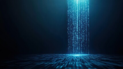 Poster - A mesmerizing digital rain effect with glowing blue data streams cascading in a dark environment, ideal for technology themes.