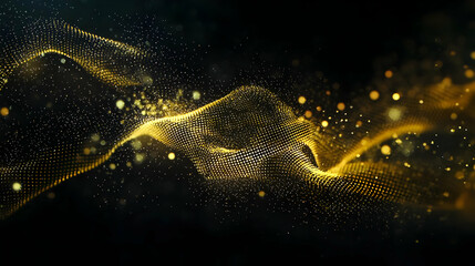 Fototapete - Abstract Digital Gold Particles Flowing Against Dark Background With Bokeh Effect