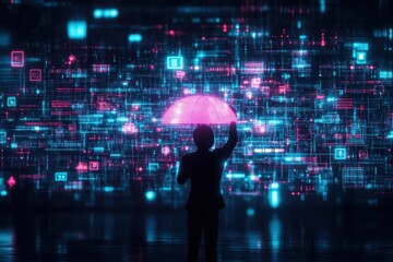 Poster - A person holds a bright umbrella in front of a colorful data display, symbolizing protection and innovation in a digital world.