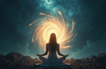 ai generated portrait of meditating woman sitting against cosmic energy spiral on dark nature backgr