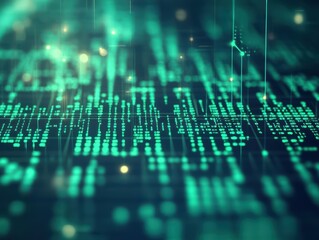 Fototapete - Abstract digital background featuring glowing green data points representing technology and innovation in a modern environment.