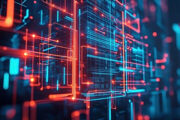 Poster - Abstract digital background featuring glowing lines in blue and red, ideal for technology and science concepts.
