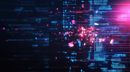 Poster - Abstract digital particles with vibrant colors in a futuristic background, ideal for technology and innovation themes.