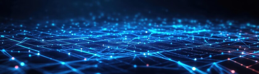 Poster - Abstract digital landscape featuring glowing lines and points in blue tones, reminiscent of technology and connectivity.