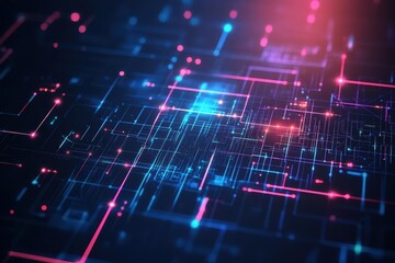 Poster - Abstract digital technology background with glowing lines and dots, representing data flow and connections in a vibrant color scheme.