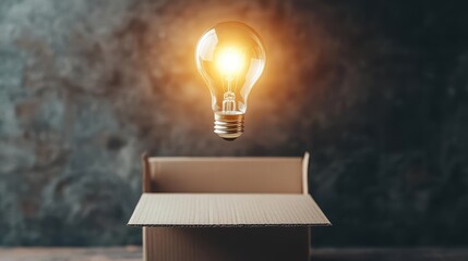 Poster - An illuminated light bulb floats above an open box, symbolizing creativity, ideas, and innovation in a minimalist setting.