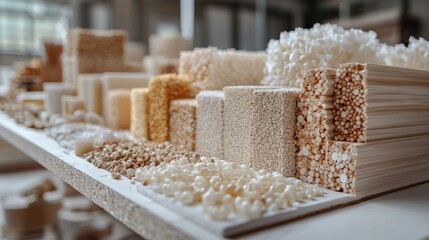 Poster - various types of natural materials displayed on a shelf in a workshop, emphasizing texture and color