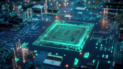 Poster - Close-up view of a futuristic microchip on a circuit board, showcasing intricate designs and glowing elements.